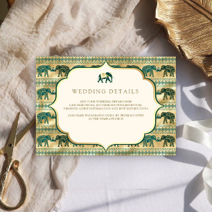 Cream Emerald Gold Elephant Indian Wedding Details Enclosure Card