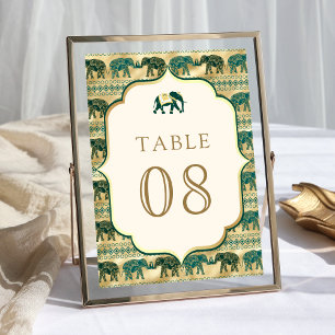 Cream Emerald Green Gold Elephant Indian Wedding Table Number