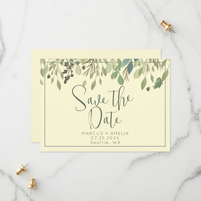 Cream & Eucalyptus Save The Date QR Code (Front/Back In Situ)