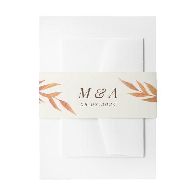 Cream Fall Leaf Elegant Monogram Wedding Invitation Belly Band (Front Example)