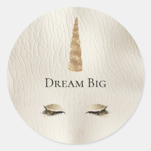 Cream Faux Leather Gold Sparkle Glam Unicorn Classic Round Sticker