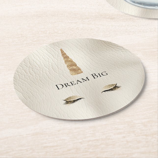 Cream Faux Leather Gold Sparkle Glam Unicorn  Round Paper Coaster (Angled)