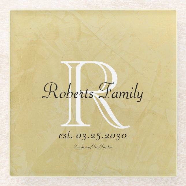 Cream Faux Leather Monogram Anniversary Glass Coaster (Front)