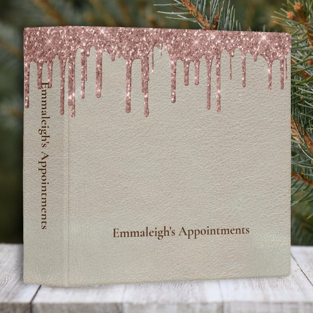 Cream Faux Leather Rose Gold Glitter Drip Appt 3 Ring Binder (Creator Uploaded)