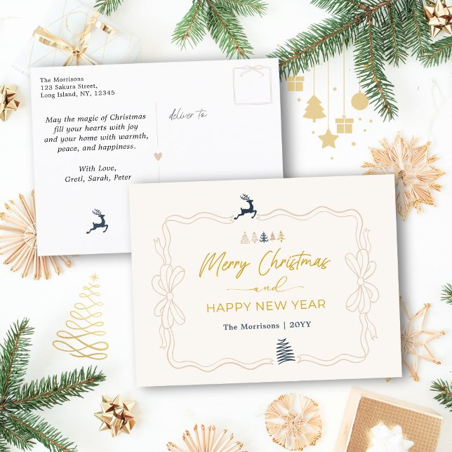 Cream: Festive Bow & Tree Doodles Holiday Postcard (Cream: Festive Bow & Tree Doodles Holiday Postcard)