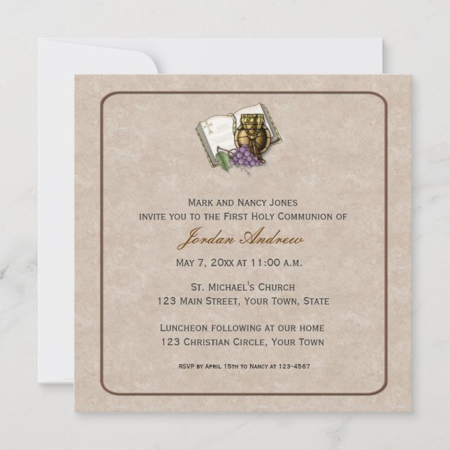 Cream First Communion Symbols Invitation (Front)