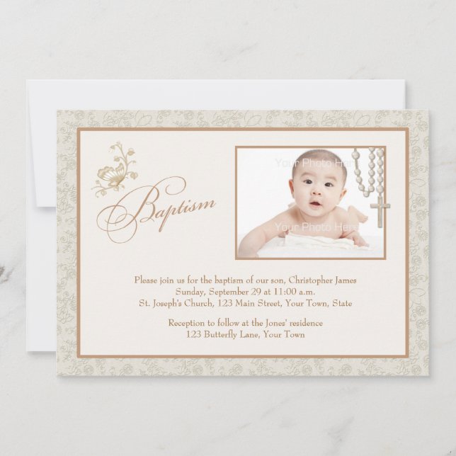 Cream Floral Baptism Photo Card (Front)