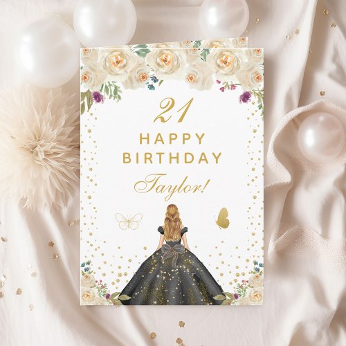 Cream Floral Blonde Hair Girl Happy Birthday Card