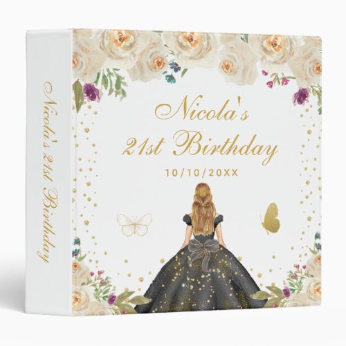 Cream Floral Blonde Hair Princess Birthday Party 3 Ring Binder