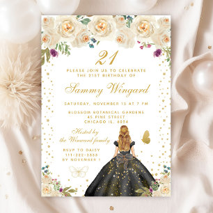 Cream Floral Blonde Hair Princess Birthday Party Invitation