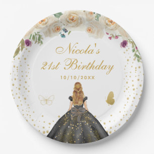 Cream Floral Blonde Hair Princess Birthday Party Paper Plates
