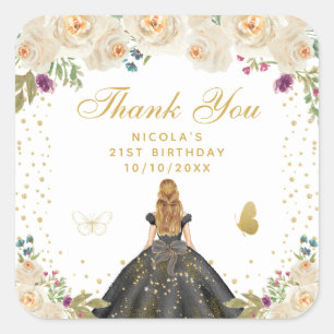 Cream Floral Blonde Hair Princess Birthday Party Square Sticker