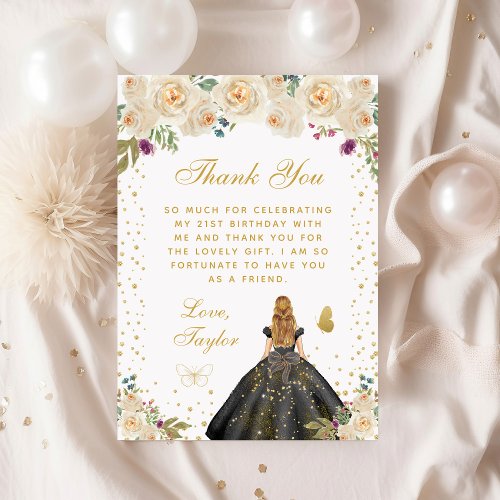 Cream Floral Blonde Hair Princess Birthday Party Thank You Card