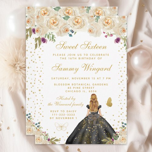 Cream Floral Blonde Hair Princess Sweet Sixteen Invitation