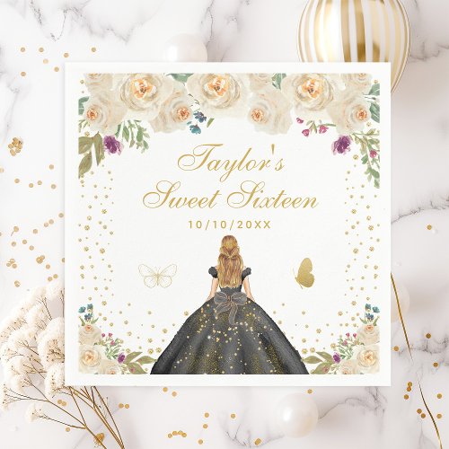 Cream Floral Blonde Hair Princess Sweet Sixteen Napkins