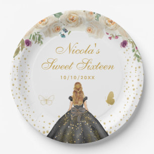 Cream Floral Blonde Hair Princess Sweet Sixteen Paper Plates