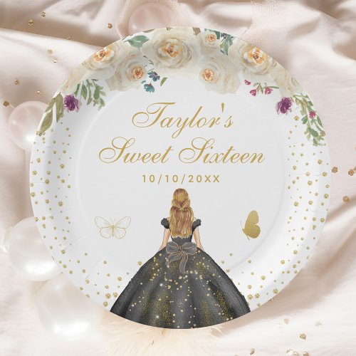 Cream Floral Blonde Hair Princess Sweet Sixteen Paper Plates