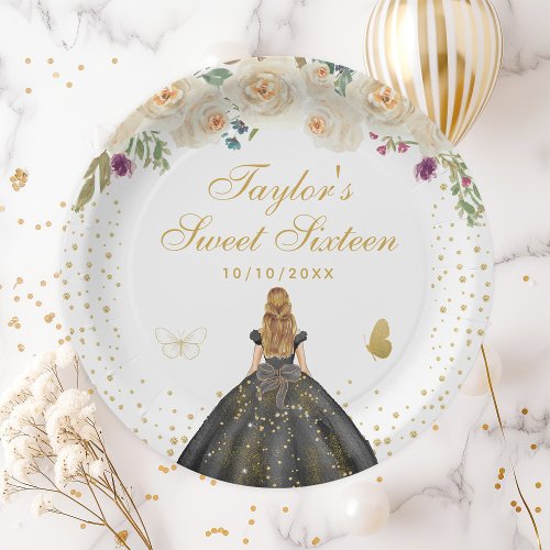 Cream Floral Blonde Hair Princess Sweet Sixteen Paper Plates