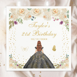 Cream Floral Brown Hair Girl Birthday Party Napkins