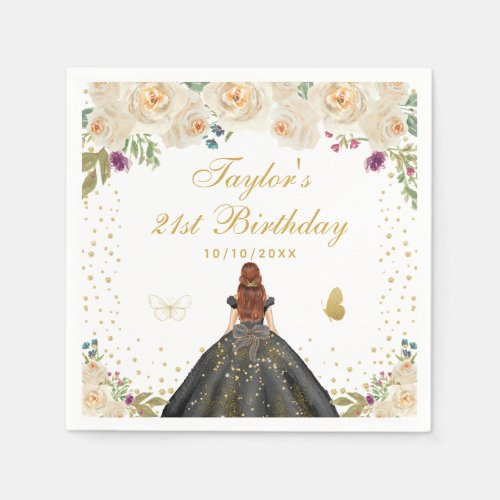 Cream Floral Brown Hair Girl Birthday Party Napkins