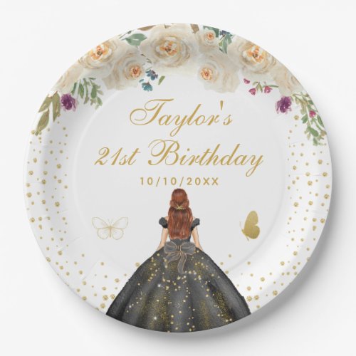 Cream Floral Brown Hair Girl Birthday Party Paper Plates