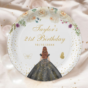 Cream Floral Brown Hair Girl Birthday Party Paper Plates