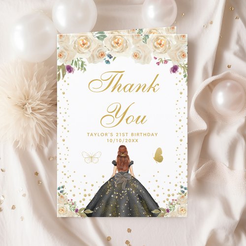 Cream Floral Brown Hair Girl Birthday Party Thank You Card