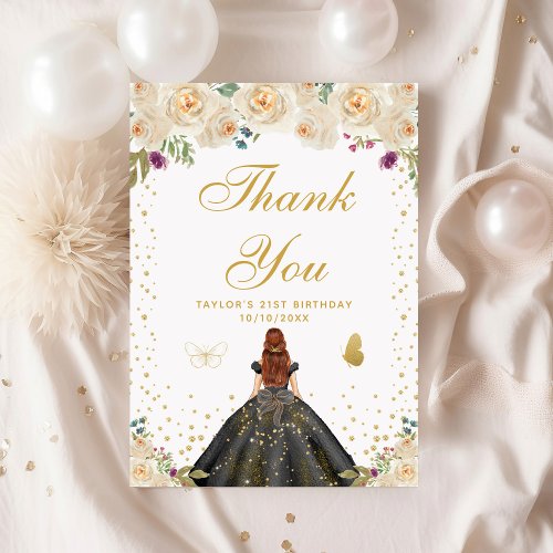 Cream Floral Brown Hair Girl Birthday Party Thank You Card