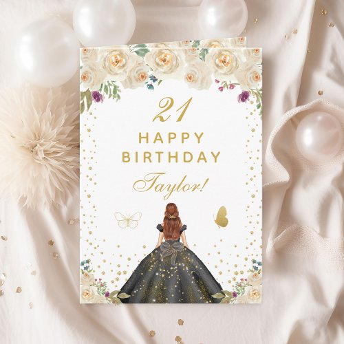 Cream Floral Brown Hair Girl Happy Birthday Card