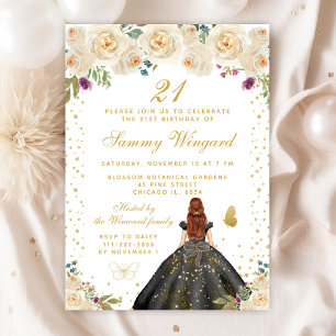 Cream Floral Brown Hair Princess Birthday Party Invitation
