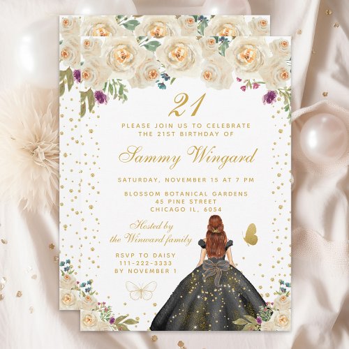 Cream Floral Brown Hair Princess Birthday Party Invitation