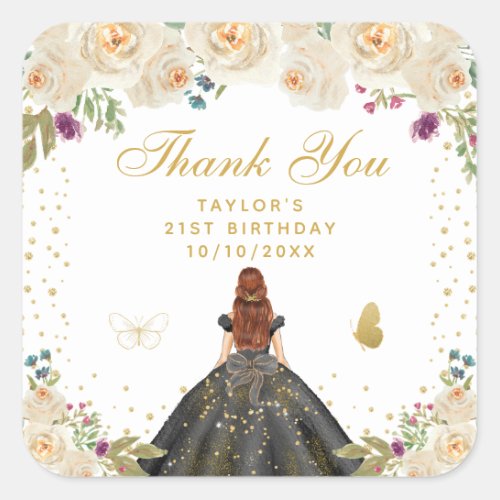 Cream Floral Brown Hair Princess Birthday Party Square Sticker