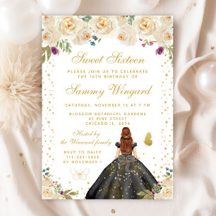 Cream Floral Brown Hair Princess Sweet Sixteen Invitation