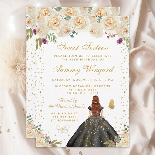 Cream Floral Brown Hair Princess Sweet Sixteen Invitation