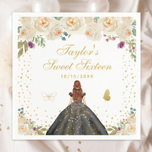 Cream Floral Brown Hair Princess Sweet Sixteen Napkins