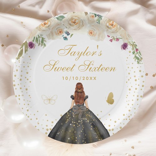 Cream Floral Brown Hair Princess Sweet Sixteen Paper Plates