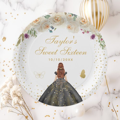 Cream Floral Brown Hair Princess Sweet Sixteen Paper Plates