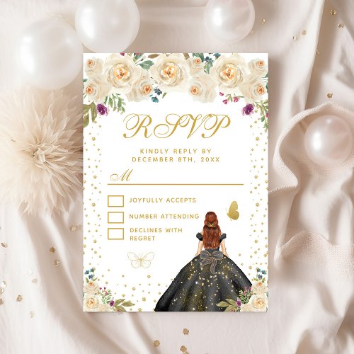 Cream Floral Brown Hair Princess Sweet Sixteen RSVP Card