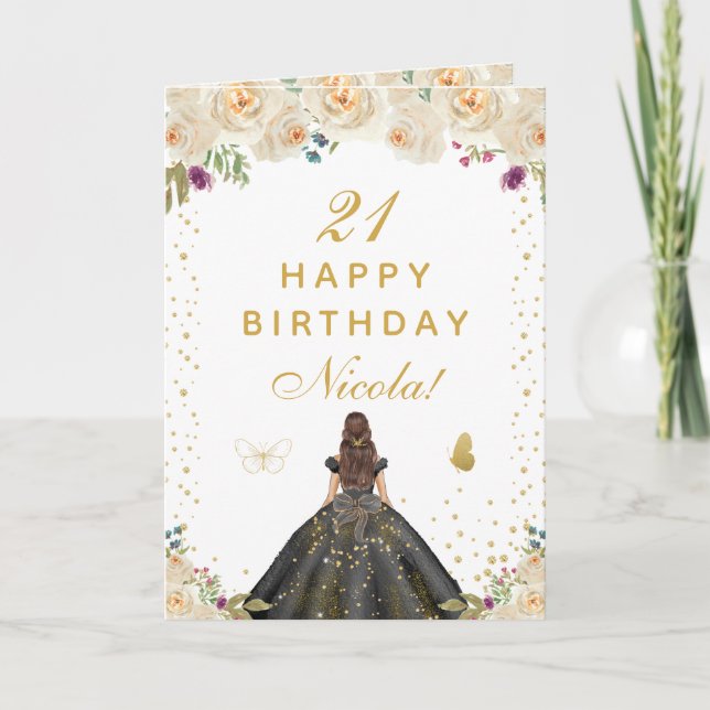 Cream Floral Brunette Hair Girl Birthday Card (Front)