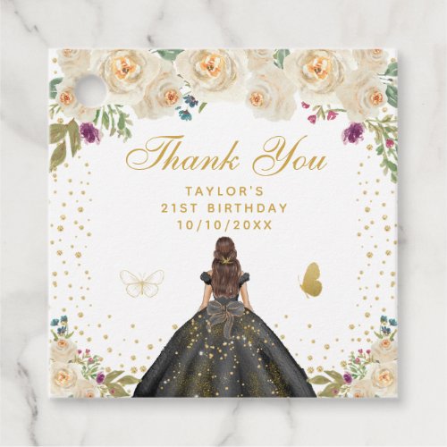 Cream Floral Brunette Hair Girl Birthday Party Favor Tags