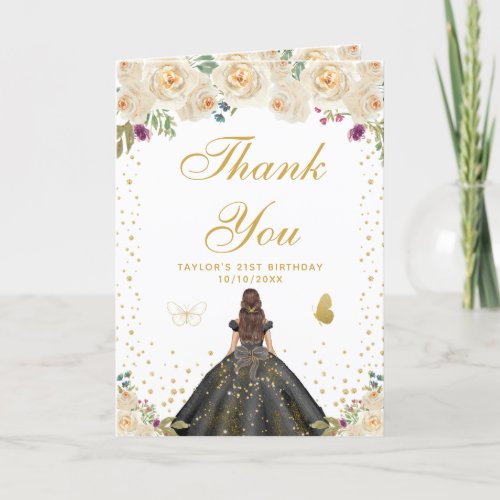 Cream Floral Brunette Hair Girl Birthday Party Thank You Card