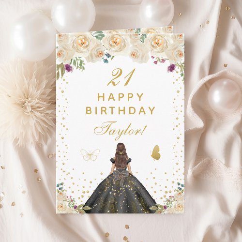 Cream Floral Brunette Hair Girl Happy Birthday Card