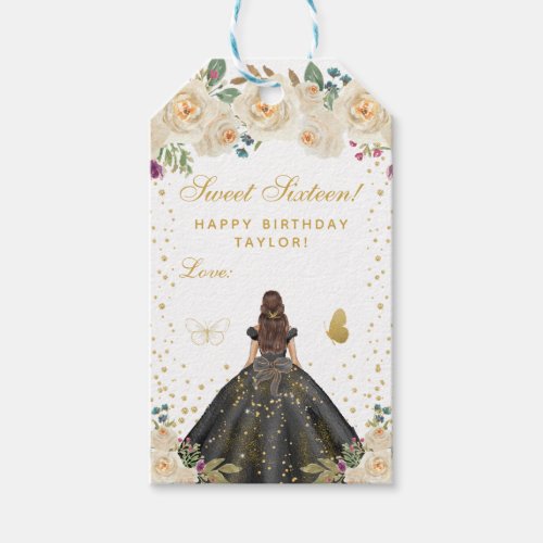 Cream Floral Brunette Hair Girl Sweet Sixteen Gift Tags