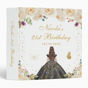 Cream Floral Brunette Hair Princess Birthday Party 3 Ring Binder