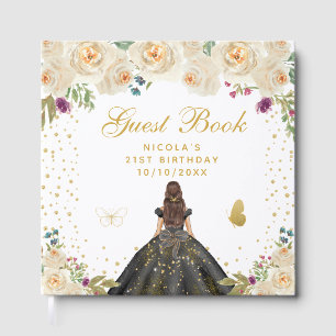 Cream Floral Brunette Hair Princess Birthday Party Guest Book