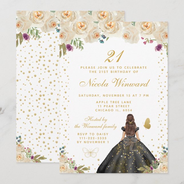Cream Floral Brunette Hair Princess Birthday Party Invitation (Front/Back)