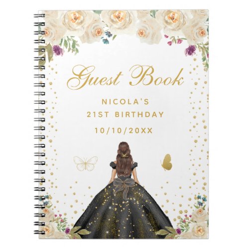 Cream Floral Brunette Hair Princess Birthday Party Notebook
