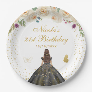 Cream Floral Brunette Hair Princess Birthday Party Paper Plates