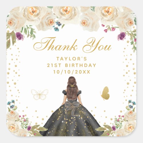 Cream Floral Brunette Hair Princess Birthday Party Square Sticker