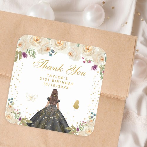 Cream Floral Brunette Hair Princess Birthday Party Square Sticker